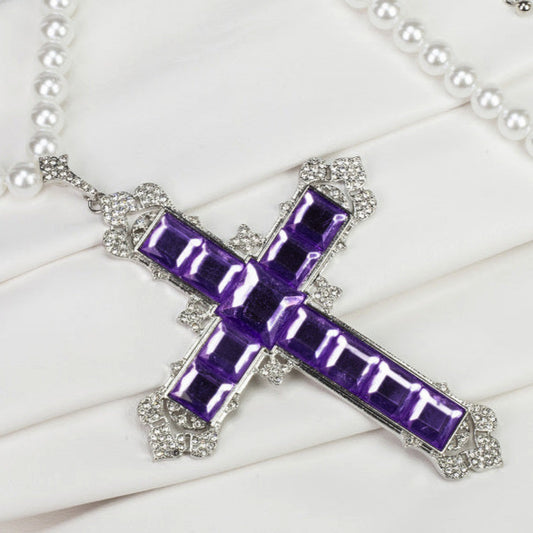 Cruce Colier din Aliaj Placat cu Aur Alb cu Cristal Violet Emporia® și Perlă Albă