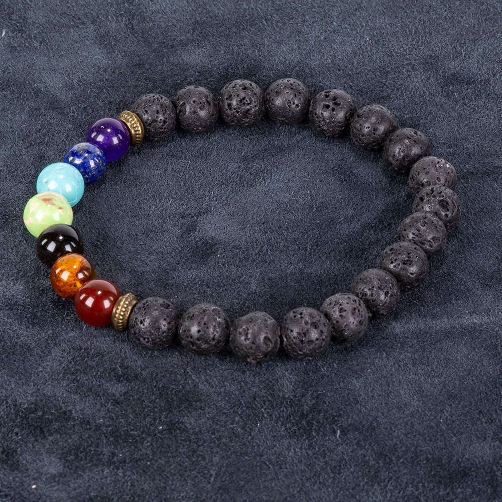 Brățară chakra din piatră vulcanică – 20 cm, flexibilă, cu decor auriu
