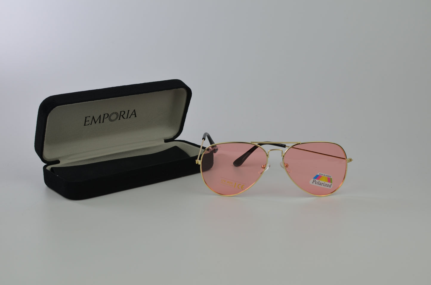 Emporia Italy - Ochelari de Soare polarizați cu filtru UV, seria Aviator "CANDY", cu husă și lavetă de curățare, lentile roz, ramă aurie.