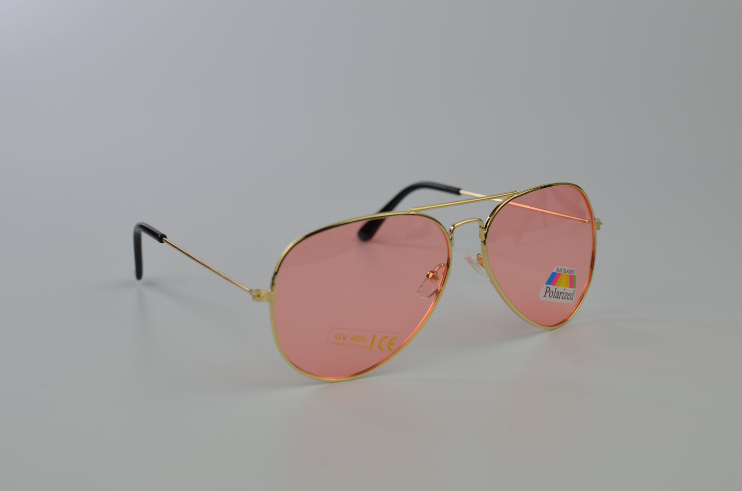 Emporia Italy - Ochelari de Soare polarizați cu filtru UV, seria Aviator "CANDY", cu husă și lavetă de curățare, lentile roz, ramă aurie.