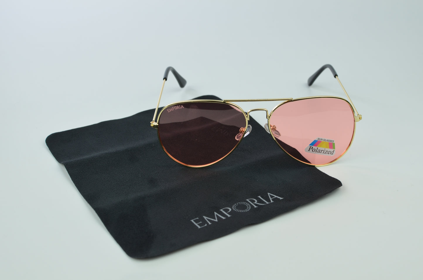 Emporia Italy - Ochelari de Soare polarizați cu filtru UV, seria Aviator "CANDY", cu husă și lavetă de curățare, lentile roz, ramă aurie.