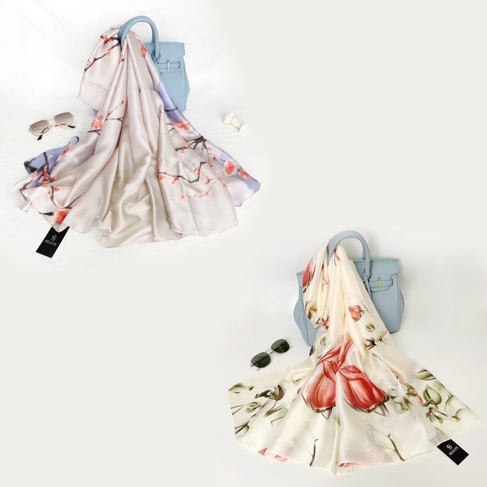 Set de 2 eșarfe din mătase, 90 cm x 180 cm, Trandafiri în zbor + Prune, culoare: violet pal și alb, 100% mătase