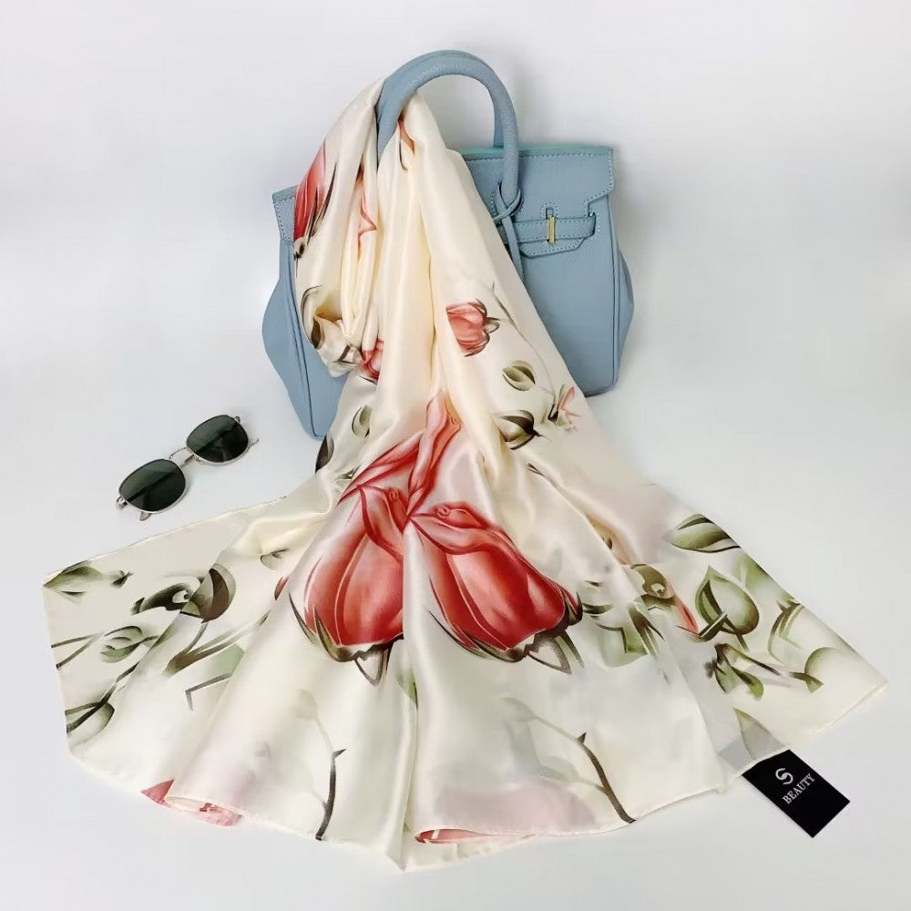 Set de 2 eșarfe din mătase, 90 cm x 180 cm, Trandafiri în zbor + Prune, culoare: violet pal și alb, 100% mătase