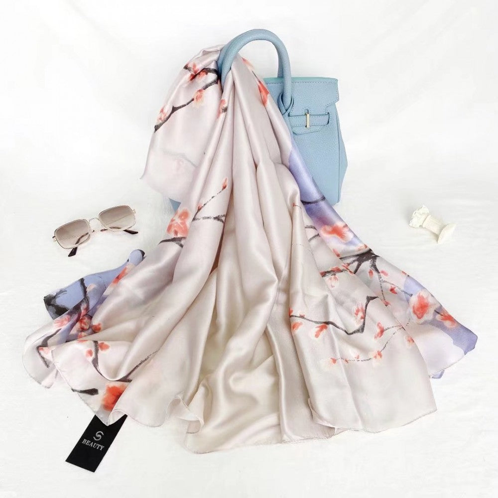 Set de 2 eșarfe din mătase, 90 cm x 180 cm, Trandafiri în zbor + Prune, culoare: violet pal și alb, 100% mătase