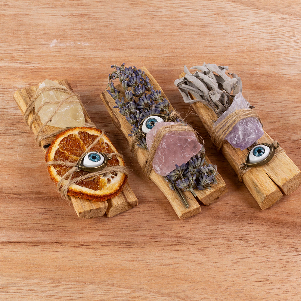 Pachet de tămâie Palo Santo cu cristale vindecătoare - 3 bucăți