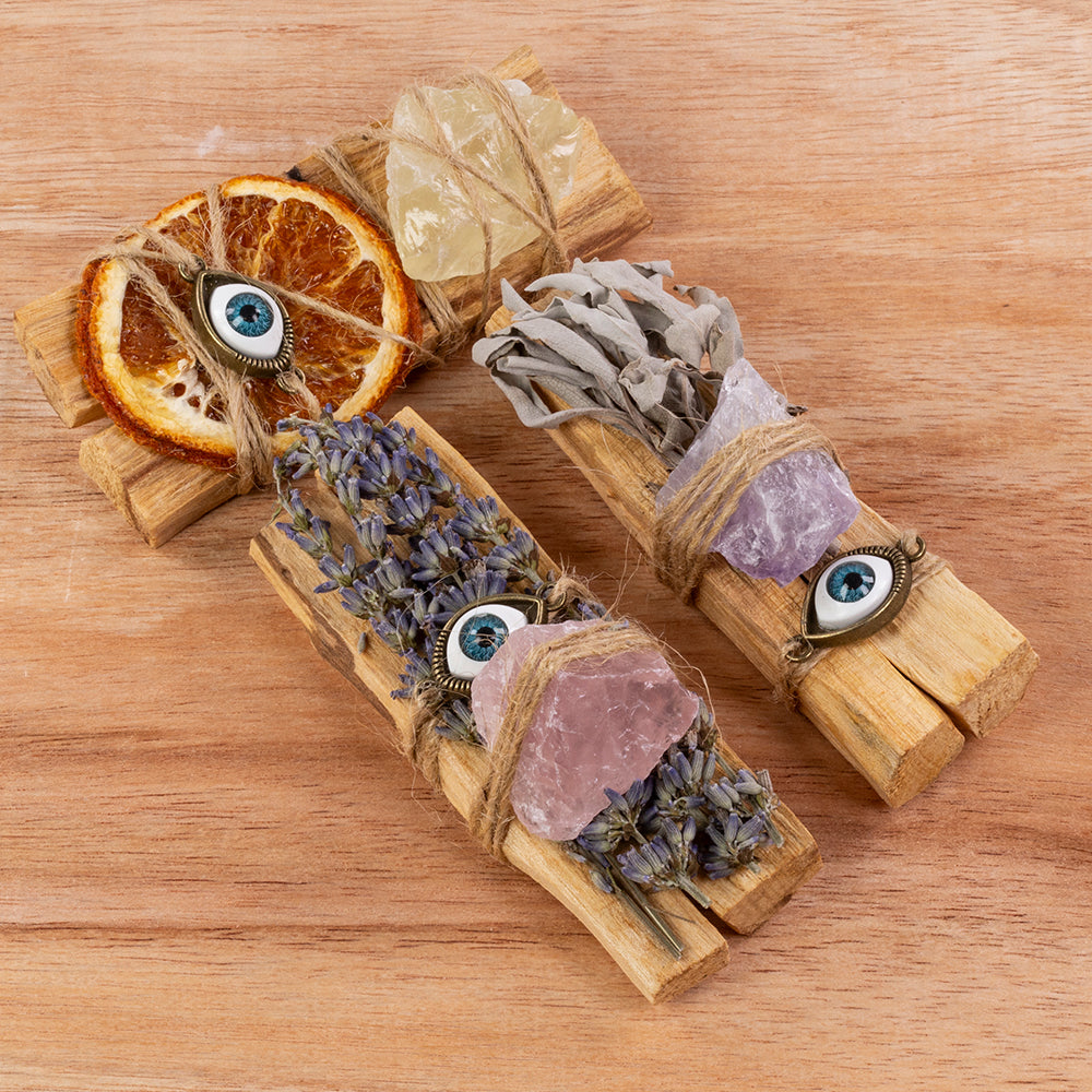 Pachet de tămâie Palo Santo cu cristale vindecătoare - 3 bucăți