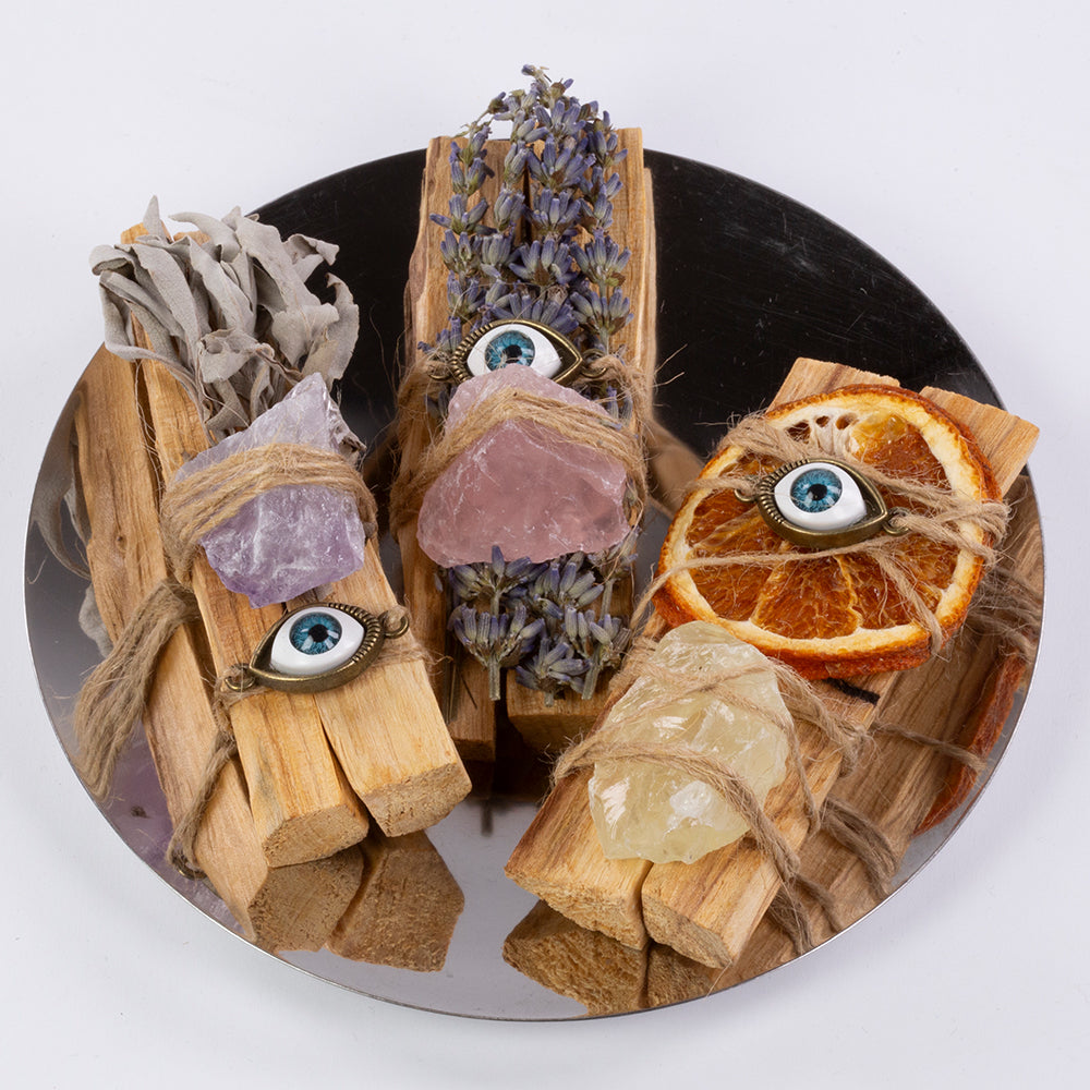Pachet de tămâie Palo Santo cu cristale vindecătoare - 3 bucăți