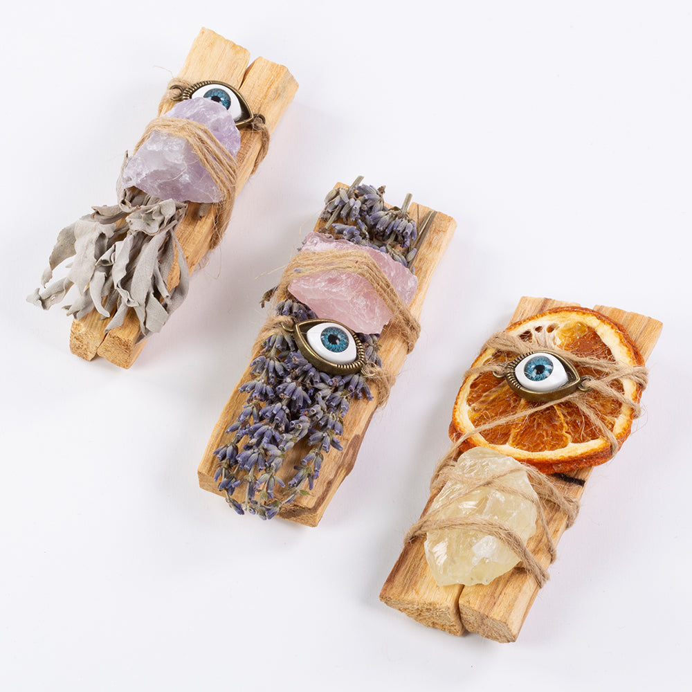 Pachet de tămâie Palo Santo cu cristale vindecătoare - 3 bucăți
