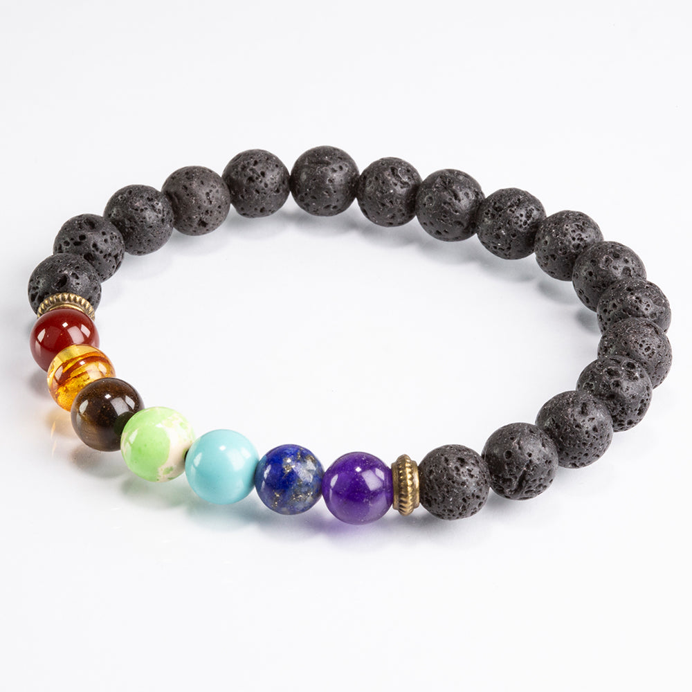 Brățară chakra din piatră vulcanică – 20 cm, flexibilă, cu decor auriu