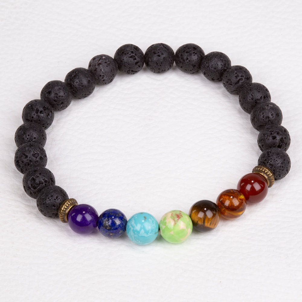 Brățară chakra din piatră vulcanică – 20 cm, flexibilă, cu decor auriu