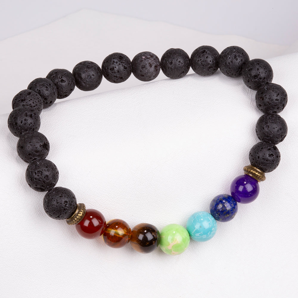 Brățară chakra din piatră vulcanică – 20 cm, flexibilă, cu decor auriu