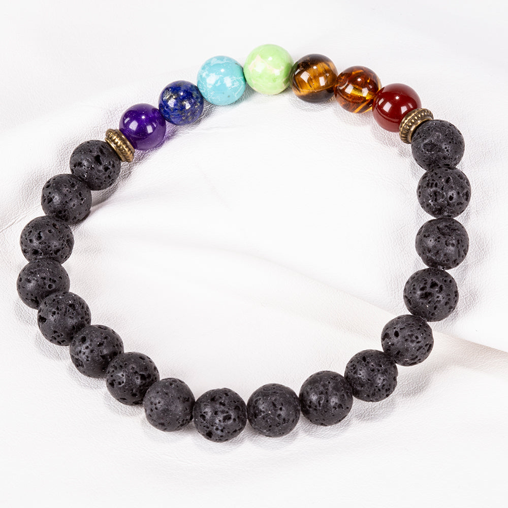 Brățară chakra din piatră vulcanică – 20 cm, flexibilă, cu decor auriu