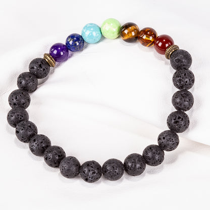 Brățară chakra din piatră vulcanică – 20 cm, flexibilă, cu decor auriu