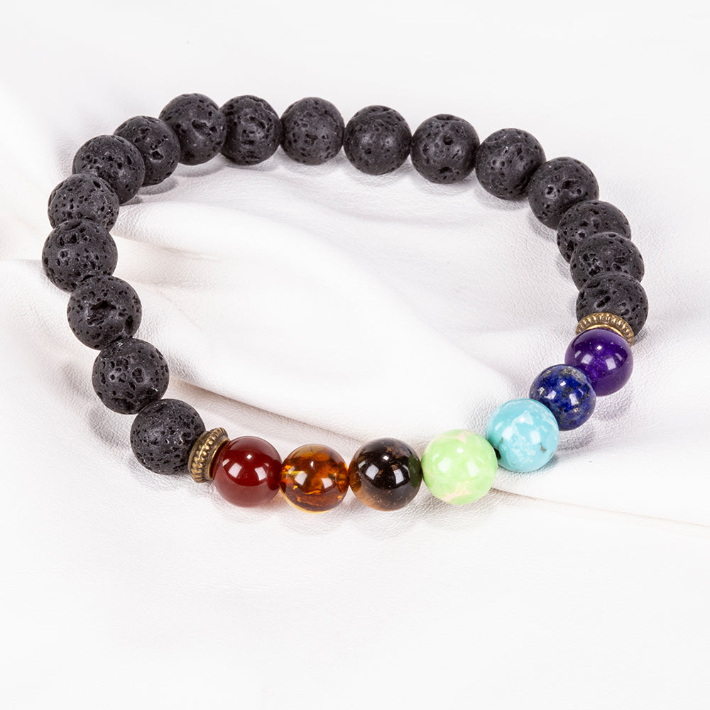 Brățară chakra din piatră vulcanică – 20 cm, flexibilă, cu decor auriu