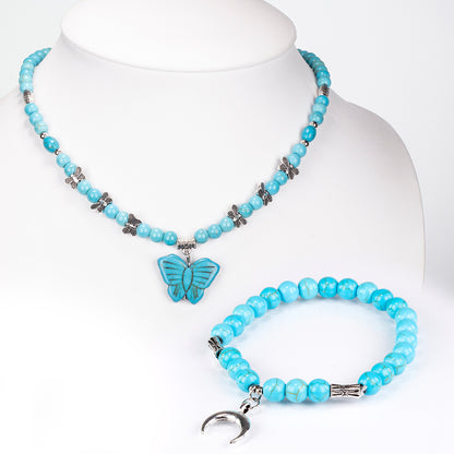Set Colier cu Pandantiv fluture turcoaz și Brățară cu charm lună